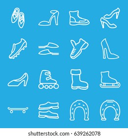 Shoe icons set. set of 16 shoe outline icons such as boot, woman shoe, heel sandals, horseshoe, slippers, shoe, skate rollers, soccer trainers, trainers, skating