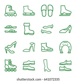 Shoe icons set. set of 16 shoe outline icons such as boot, woman boot, heel sandals, slippers, man shoe, skate rollers, ice skate, roller skate