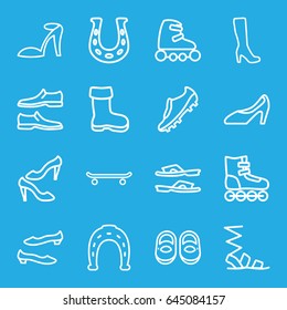 Shoe icons set. set of 16 shoe outline icons such as boot, baby shoes, woman boot, heel sandals, horseshoe, slippers, sandals, man shoe, skate rollers, soccer trainers