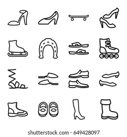 Shoe icons set. set of 16 shoe outline icons such as boot, baby shoes, woman boot, heel sandals, horseshoe, slippers, sandals, roller skate, skating