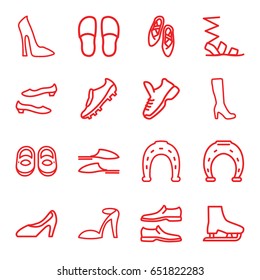 Shoe icons set. set of 16 shoe outline icons such as baby shoes, woman boot, woman shoe, heel sandals, horseshoe, slippers, sandals, man shoe, soccer trainers, trainers