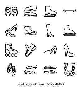 Shoe icons set. set of 16 shoe outline icons such as baby shoes, woman boot, woman shoe, slippers, shoe, trainers, ice skate, boot, roller skate, skating