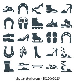 Shoe icons. set of 25 editable filled shoe icons such as woman boot, heel sandals, horseshoe, slippers, sandals, shoe, boot, roller skate, skating, ice skating, woman shoe