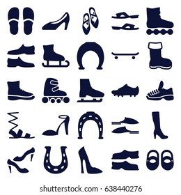 Shoe icons set. set of 25 shoe filled icons such as boot, baby shoes, woman boot, woman shoe, heel sandals, horseshoe, slippers, sandals, man shoe, skate rollers