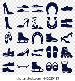Shoe icons set. set of 25 shoe filled icons such as boot, baby shoes, woman boot, woman shoe, heel sandals, horseshoe, slippers, sandals, man shoe, skate rollers
