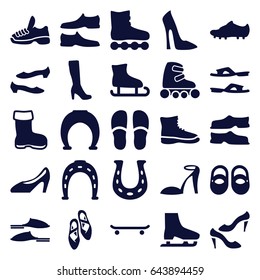 Shoe icons set. set of 25 shoe filled icons such as boot, baby shoes, woman boot, woman shoe, heel sandals, horseshoe, slippers, man shoe, skate rollers, soccer trainers