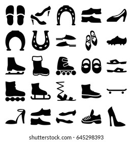 Shoe icons set. set of 25 shoe filled icons such as boot, baby shoes, woman shoe, heel sandals, horseshoe, slippers, sandals, man shoe, skate rollers, soccer trainers