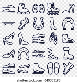 Shoe icons set. set of 25 shoe outline icons such as boot, baby shoes, woman boot, woman shoe, heel sandals, horseshoe, slippers, sandals, man shoe, skate rollers