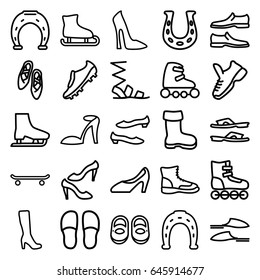 Shoe icons set. set of 25 shoe outline icons such as boot, baby shoes, woman boot, woman shoe, heel sandals, horseshoe, slippers, sandals, man shoe, skate rollers