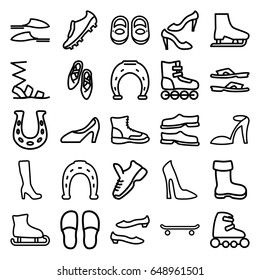 Shoe icons set. set of 25 shoe outline icons such as boot, baby shoes, woman boot, woman shoe, heel sandals, horseshoe, slippers, sandals, shoe, skate rollers, soccer trainers