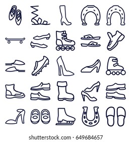 Shoe icons set. set of 25 shoe outline icons such as boot, baby shoes, woman boot, woman shoe, heel sandals, horseshoe, slippers, sandals, man shoe, skate rollers