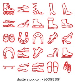 Shoe icons set. set of 25 shoe outline icons such as boot, baby shoes, woman boot, woman shoe, heel sandals, horseshoe, slippers, sandals, man shoe, soccer trainers, trainers