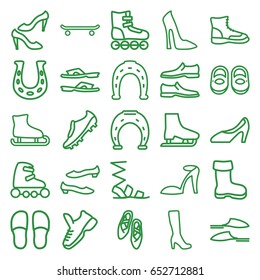 Shoe icons set. set of 25 shoe outline icons such as boot, baby shoes, woman boot, woman shoe, heel sandals, horseshoe, slippers, sandals, man shoe, skate rollers