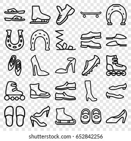 Shoe icons set. set of 25 shoe outline icons such as baby shoes, woman boot, woman shoe, heel sandals, horseshoe, slippers, sandals, man shoe, skate rollers, soccer trainers