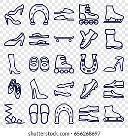 Shoe icons set. set of 25 shoe outline icons such as boot, baby shoes, woman boot, woman shoe, heel sandals, horseshoe, slippers, sandals, man shoe, skate rollers