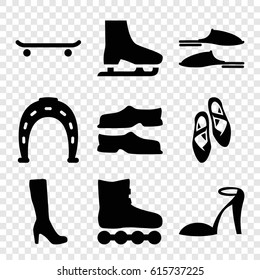 Shoe icons set. set of 9 shoe filled icons such as woman boot, heel sandals, Horseshoe, slippers, ballet shoes, ice skate, roller skate