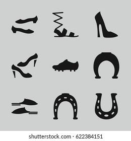 Shoe icons set. set of 9 shoe filled icons such as woman shoe, Horseshoe, slippers, sandals