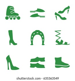 Shoe icons set. set of 9 shoe filled icons such as woman boot, woman shoe, slippers, sandals, skate rollers