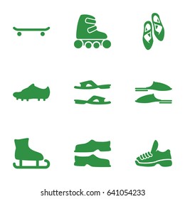 Shoe icons set. set of 9 shoe filled icons such as slippers, ballet shoes, skate rollers, soccer trainers, trainers, skating