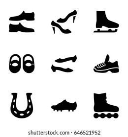 Shoe icons set. set of 9 shoe filled icons such as baby shoes, man shoe, soccer trainers, trainers, ice skate