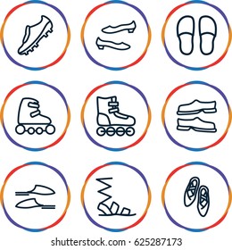 Shoe icons set. set of 9 shoe outline icons such as slippers, sandals, shoe, ballet shoes, skate rollers, soccer trainers