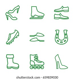 Shoe icons set. set of 9 shoe outline icons such as boot, woman shoe, slippers, soccer trainers, ice skate