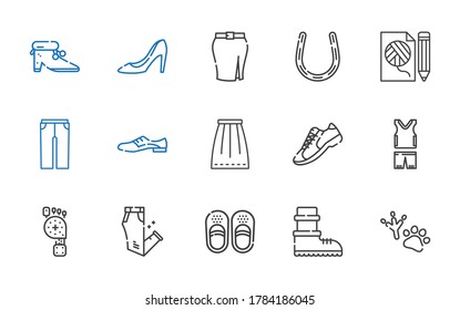shoe icons set. Collection of shoe with footprint, boots, sandals, trousers, foot, sportswear, sneakers, skirt, shoes, fashion, horseshoe, high heels. Editable and scalable shoe icons.