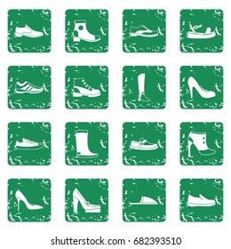 Shoe icons set in grunge style green isolated vector illustration