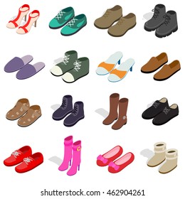 Shoe Icons Set In Isometric 3d Style. Men And Women Shoes Set. Summer Slipper 
 Collection Vector Illustration