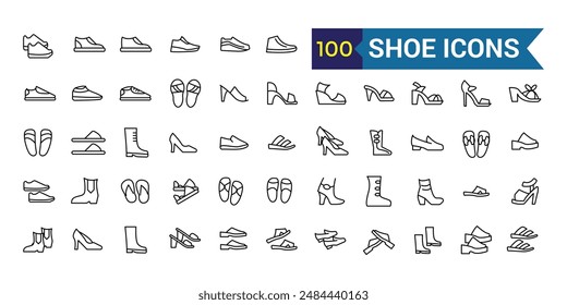 Shoe icons set in outline style. Men and women shoes set collection vector illustration. Outline icon collection. Editable stroke.