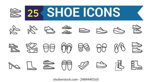 Shoe icons set in outline style. Men and women shoes set collection vector illustration. Outline icon collection. Editable stroke.