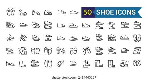 Shoe icons set in outline style. Men and women shoes set collection vector illustration. Outline icon collection. Editable stroke.