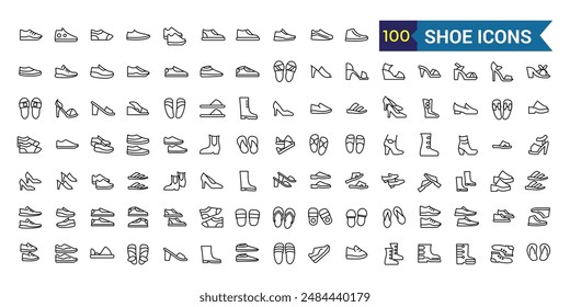 Shoe icons set in outline style. Men and women shoes set collection vector illustration. Outline icon collection. Editable stroke.