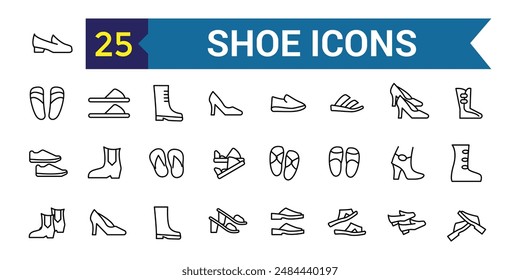 Shoe icons set in outline style. Men and women shoes set collection vector illustration. Outline icon collection. Editable stroke.
