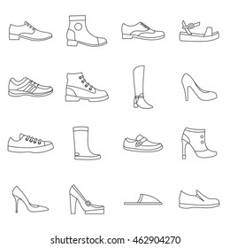 Shoe Icons Set In Outline Style. Men And Women Shoes Set Collection Vector Illustration