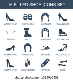 shoe icons. Trendy 16 shoe icons. Contain icons such as woman shoe, baby shoes, Horseshoe, skating, boot, ice skating, horseshoe, slippers, heel sandals. icon for web and mobile.