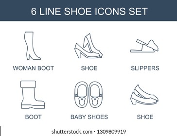 shoe icons. Trendy 6 shoe icons. Contain icons such as woman boot, slippers, boot, baby shoes. shoe icon for web and mobile.