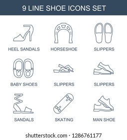 shoe icons. Trendy 9 shoe icons. Contain icons such as heel sandals, Horseshoe, slippers, baby shoes, sandals, skating, man shoe. shoe icon for web and mobile.