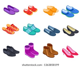 Shoe isometric. Slippers sports footwear sneakers male and female shoes, boots 3d isolated footwears icons set. Illustration of boot and shoe, footwear with shoelace