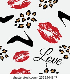 Patrón de zapatos y besos en estampado de leopardo sobre fondo gris.
