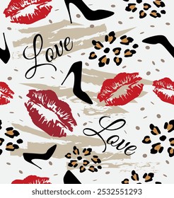 Shoe and kiss pattern in leopard print on a gray background.