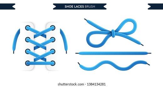 Shoe laces brush set isolated on a white background. Blue color. Realistic lace knots and bows. Modern simple design. Flat style vector illustration.