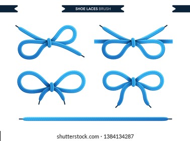 Shoe Laces Brush Set Isolated On A White Background. Blue Color. Realistic Lace Knots And Bows. Modern Simple Design. Flat Style Vector Illustration.