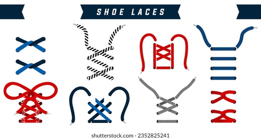 Shoe laces collection in a flat design. Set of tied and untied shoe laces accessories. Laces for sneakers