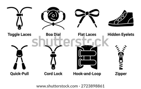 Shoe laces icons. Toggle, flat laces, boa dial, hidden eyelets, quick-pull, cord lock, hook and loop, and zipper