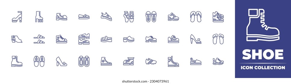 Shoe line icon collection. Editable stroke. Vector illustration. Containing shoe, high heels, clown, flat shoes, climbing shoes, ballet, shoes, flip flops, sport shoes, clog, boots, sneakers, running.