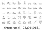 Shoe line icon set. High heels sandal, cowboy boots, hiking footwear, sneakers, slipper, moccasin, loafer minimal vector illustrations. Simple outline signs for fashion application. Editable Stroke