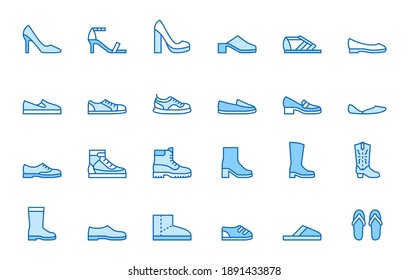 Shoe Line Icon Set. High Heels Sandal, Cowboy Boots, Hiking Footwear, Sneakers, Slipper Minimal Vector Illustrations. Simple Outline Signs For Fashion Application. Blue Color, Editable Stroke.