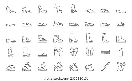 Shoe line icon set. High heels sandal, cowboy boots, hiking footwear, sneakers, slipper, moccasin, loafer minimal vector illustrations. Simple outline signs for fashion application. Editable Stroke