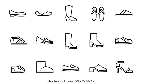 Juego de iconos de la línea de calzado. Sándalo de tacones altos, botas de vaquero, calzado de excursión, zapatillas de deporte, ilustraciones vectoriales mínimas de zapatillas. Sencillos signos de contorno para la aplicación de moda.